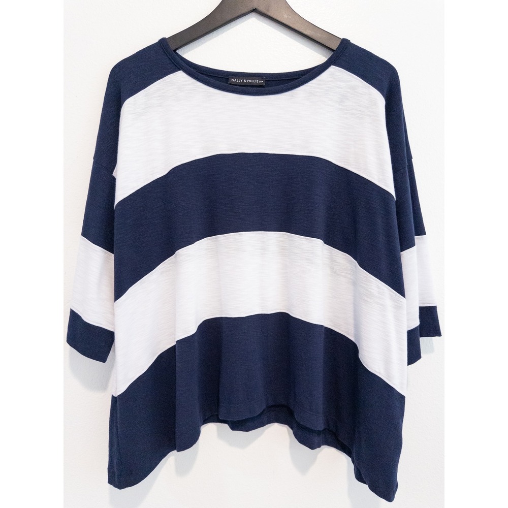 Nally & Millie Striped Shirt Women L/XL Nautical Coastal Preppy Oversized Blue - Picture 5 of 6